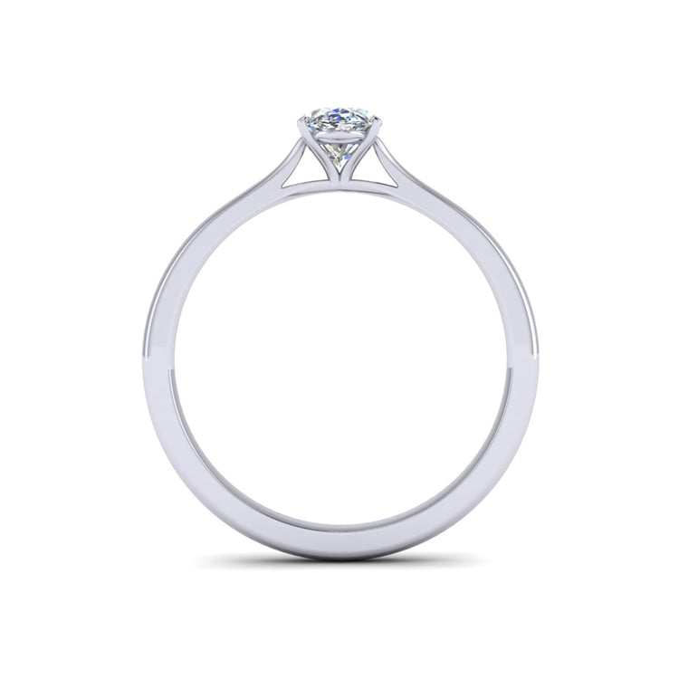 Oval cut diamond platinum engagement ring with open shoulders Through Finger view