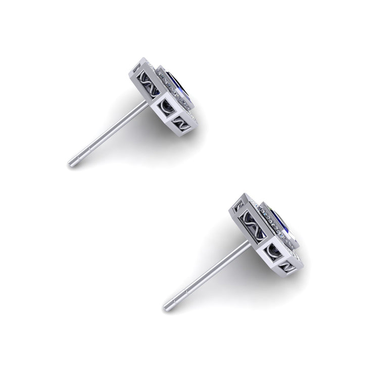 Natural Blue Sapphire and Diamond Sleeves Platinum Stud Earrings Perspective View